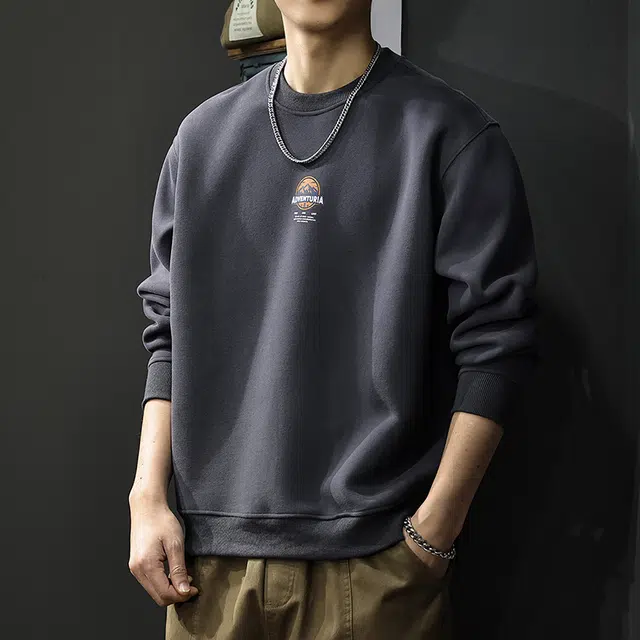 前进牛 秋季美式复古经典潮流潮牌痞帅百搭重磅极简风休闲内搭户外打底衫宽松圆领长袖上衣卫衣 男款