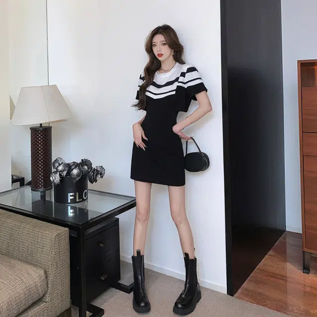 水中花 时尚百搭气质简约法式短袖连衣裙 女款