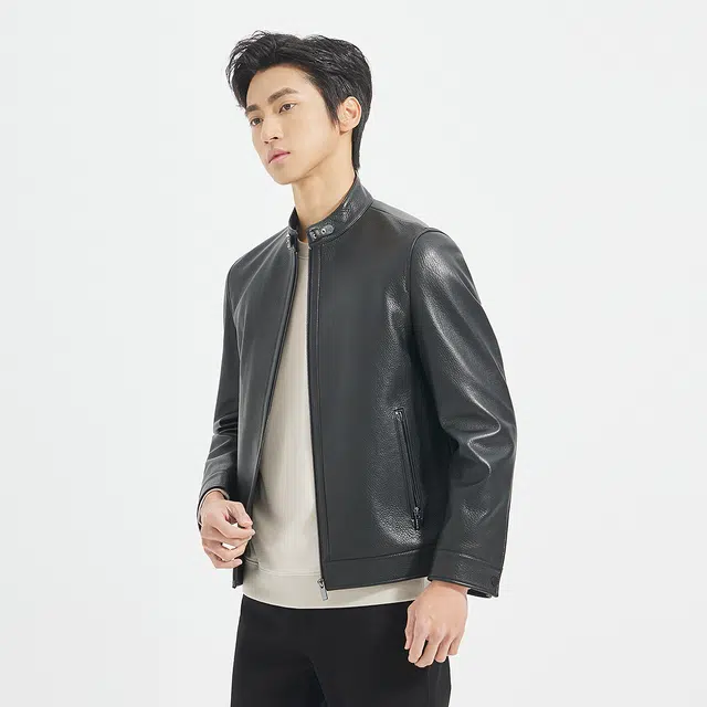 利郎 都市休闲纯色立领质感简约百搭秋季皮衣 男款