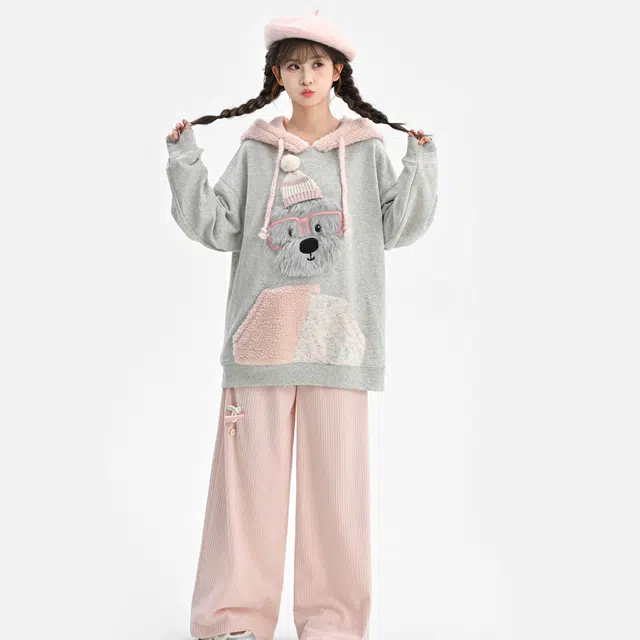 森女部落 潦草小狗闺蜜装连帽萌趣风拼贴套头可爱卫衣 女款