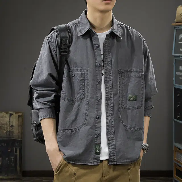 前进牛 阿美咔叽复古水洗潮牌高街痞帅休闲纯棉翻领外套工装衬衣长袖衬衫 男女同款