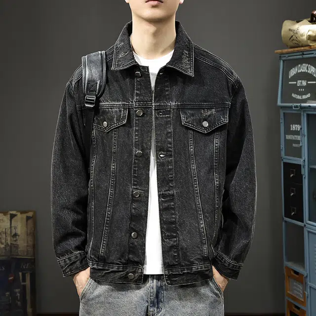 前进牛 秋季美式休闲经潮牌高街军事风重磅外穿上衣衬衫男潮流水洗宽松翻领痞帅工装夹克男牛仔外套 男款