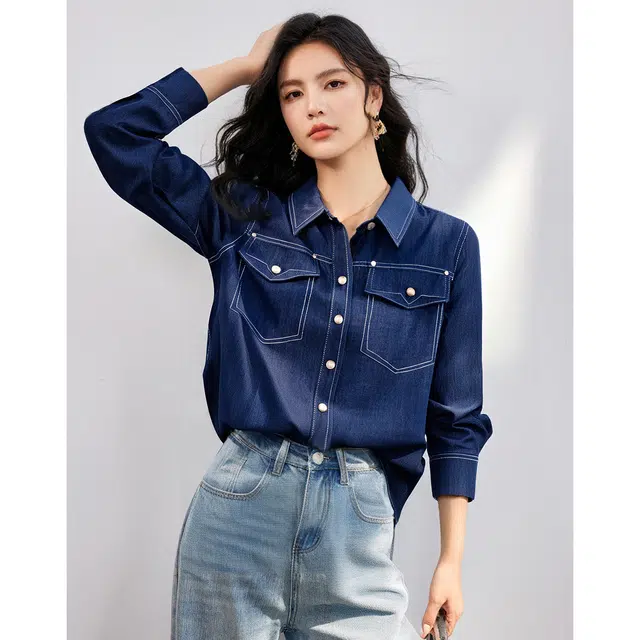 爱依莲 翻领衬衣气质港风叠穿时尚简约百搭牛仔上衣长袖衬衫 女款 蓝色