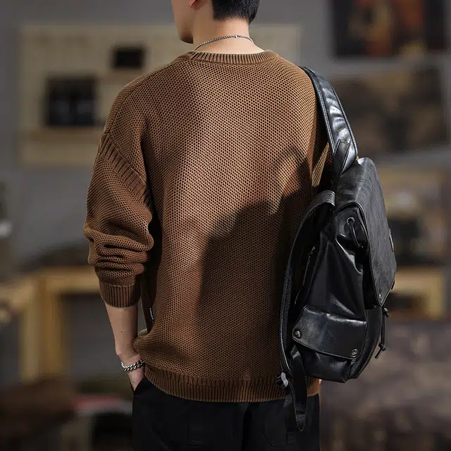 遨宇 美式复古高级感潮流极简风简约纯色重磅大码户外休闲针织衫 男女同款