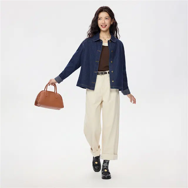 佐丹奴 随性时髦风水洗条纹内里翻领宽松牛仔外套 女款