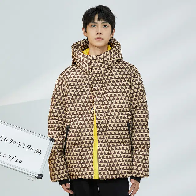 美特斯邦威 几何图案满印连帽保暖加厚长袖羽绒服 男款