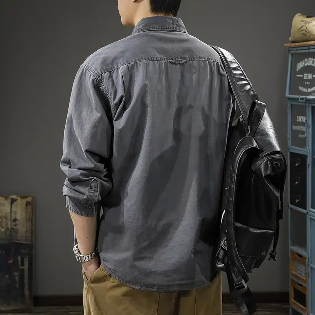 前进牛 阿美咔叽复古水洗潮牌高街痞帅休闲纯棉翻领外套工装衬衣长袖衬衫 男女同款