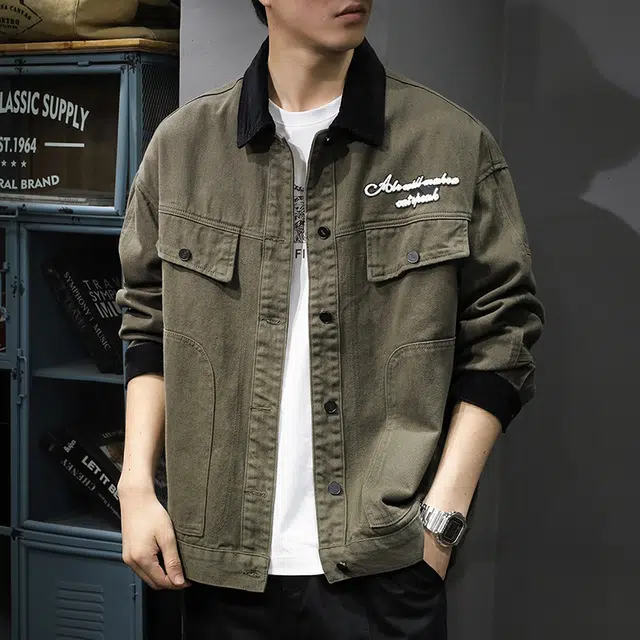 前进牛 秋季美式休闲复古潮牌军事风痞帅撞色翻领外穿衬衣潮流百搭水洗宽松休闲上衣牛仔外套 男款