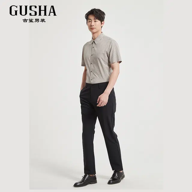 古鲨 潮流精品舒适百搭格子短袖衬衫 男款