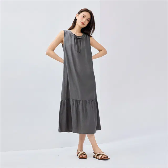 佐丹奴 度假风绑带圆领荷叶边无袖连衣裙 女款