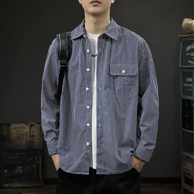 前进牛 美式休闲轻商务高端复古条纹长袖男士休闲百搭衬衫 男女同款