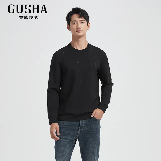 古鲨 山羊绒圆领商务莫代尔点花刺绣修身长袖卫衣 男款