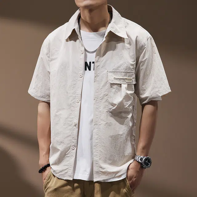 贵色 潮牌痞帅休闲小众设计感翻领宽松薄款短袖衬衫 男女同款