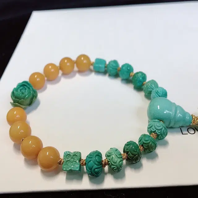 灵运宝 【师傅已加能量】#转运招财湖北原矿高瓷多宝玉化蓝牡丹花莲花珠蝴蝶果冻料一物一图无油无水 绿松石 手链 男女同款情侣款