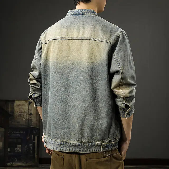 前进牛 秋季美式复古街头黄泥染重磅水洗短款夹克男机能风潮流嘻哈立领外穿秋冬休闲男牛仔外套 男款