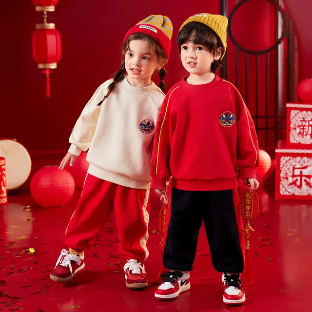 嘟嘟家 龙年系列 拜年服刺绣侧边条纹圆领套头卫衣束脚裤婴幼儿套装 婴童