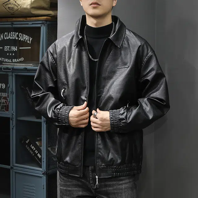 前进牛 秋季美式休闲经典潮牌酷感复古机车宽松潮流百搭痞帅翻领皮衣 男款