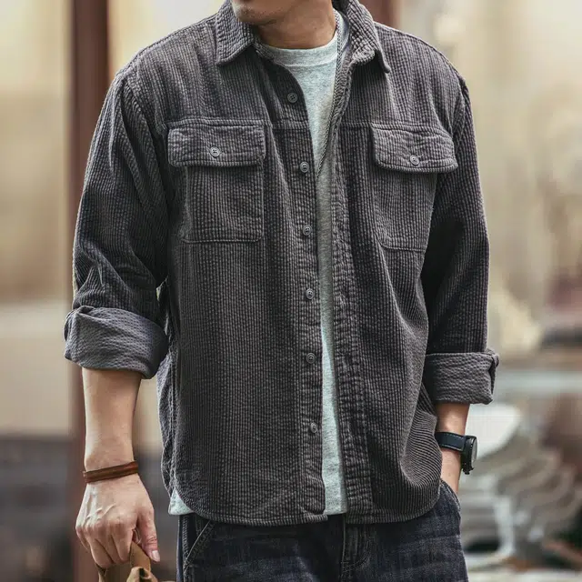 格蓝鹿 基础简约潮牌休闲松弛感复古工装高级感咖啡色灯芯绒版型天花板长袖衬衫 男女同款