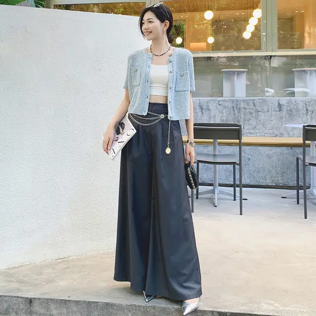 美洋 夏日麻结开衫 全棉小香花呢编织肌理短袖针织衫 女款 蓝色