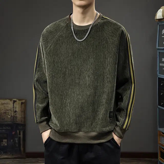 前进牛 美式复古经典潮流痞帅条纹极简风重磅雪尼尔圆领长袖潮牌户外百搭休闲上衣卫衣 男款