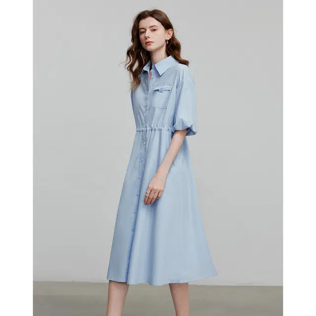初语 纯色百搭简约抽绳收腰短袖连衣裙 女款 天蓝色