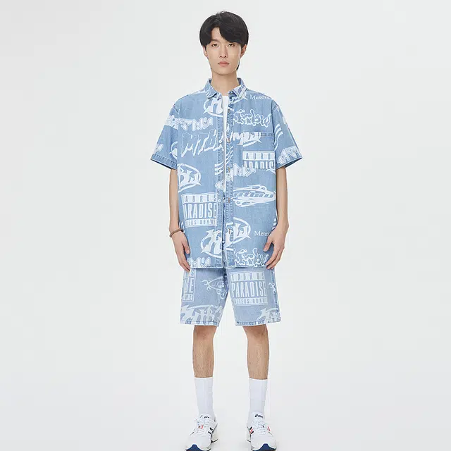 美特斯邦威 印染百搭贴袋时尚牛仔短袖衬衫 男款