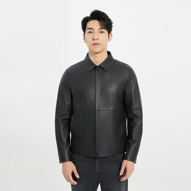 利郎 商务休闲纯色翻领质感简约短款修身秋季皮衣 男款