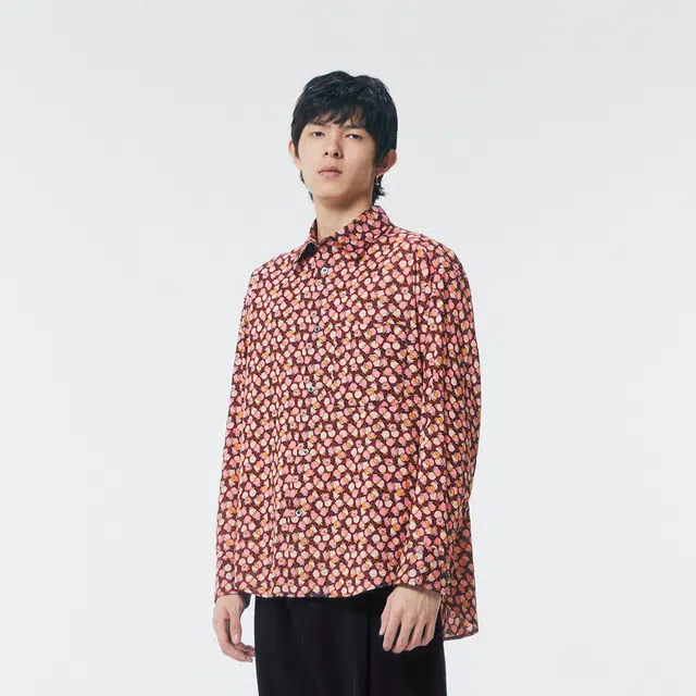 速写 趣味几何图案满印宽松长袖衬衫 男款