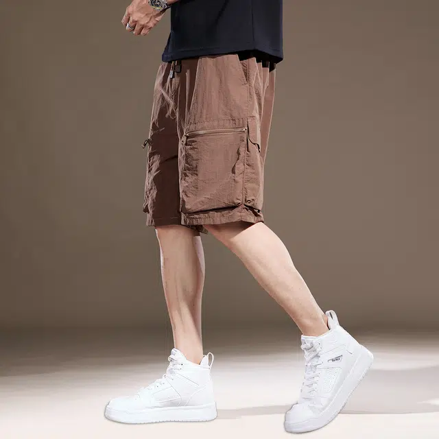 贵色 夏季 纯色口袋废土风男装机能风高端美式冰丝速干潮牌英伦风设计感宽松直筒休闲运动五分裤工装短裤 男女同款 基础色（黑灰白等）