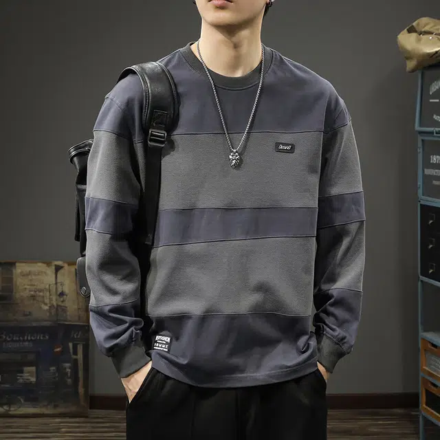 前进牛 韩式休闲经典潮牌高级感老钱风重磅拼接长袖宽松大码内搭纯棉打底衫套头圆领卫衣 男款