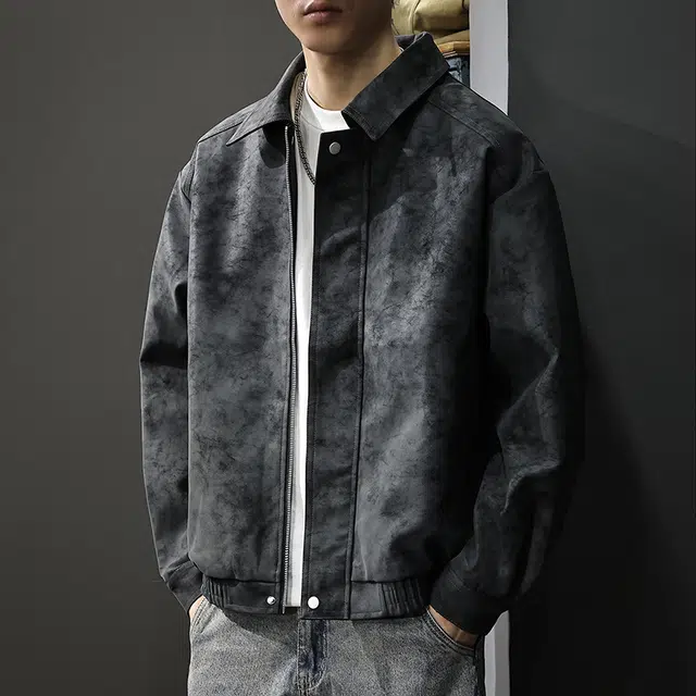 前进牛 阿美咔叽潮牌飞行员美式复古水洗扎染痞帅宽松机车皮衣 男款