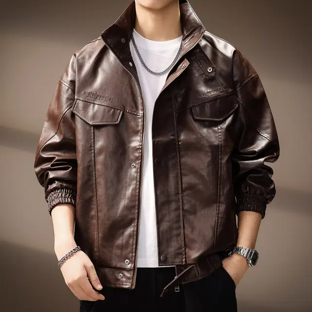 贵色 美式潮牌高街立领复古痞帅百搭皮衣 男女同款