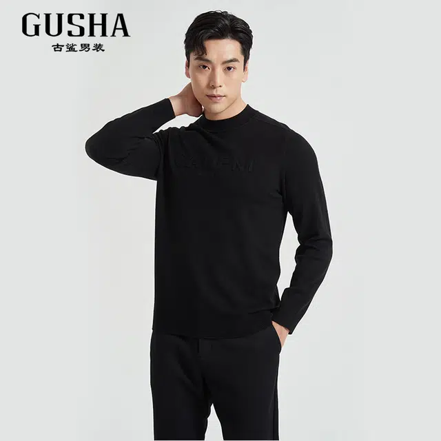古鲨 绵羊毛衫简约百搭字母印花保暖圆领毛衫长袖针织衫 男款