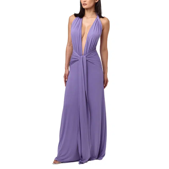 NAKED WARDROBE Halter Plunge Drape Tie Dress Smooth
