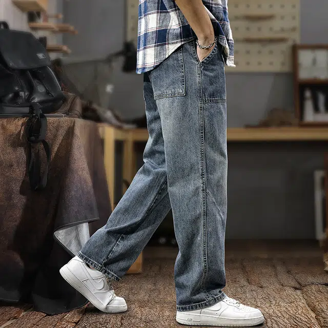 遨宇 美式经典复古潮牌潮流水洗做旧宽松直筒牛仔裤 男款