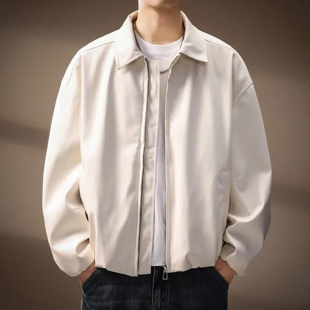 贵色 秋季 美式复古纯色简约风宽松廓形外套潮流时尚百搭立体裁剪设计翻领休闲皮衣 男女同款