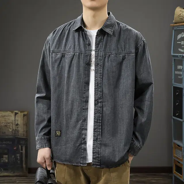 前进牛 秋季美式休闲复古潮牌经典老钱风水洗做旧潮流高街痞帅百搭大码工装翻领长袖牛仔外套 男款