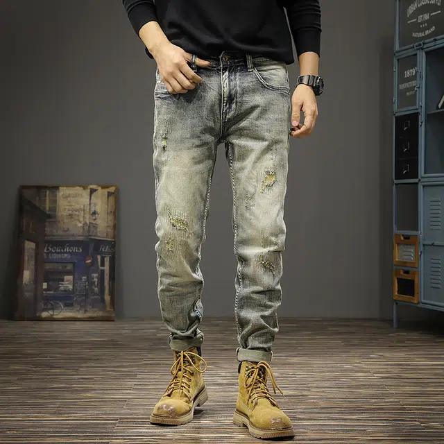 遨宇 美式潮牌潮流经典复古水洗中性风男秋季修身牛仔裤 男款