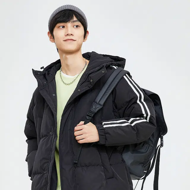 美特斯邦威 条纹连帽宽松拉链长袖羽绒服 男款