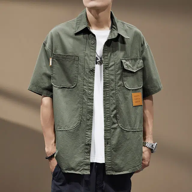 贵色 凉感户外叠穿大码痞帅美式复古潮牌多口袋工装纯棉水洗宽松型短袖衬衫 男女同款