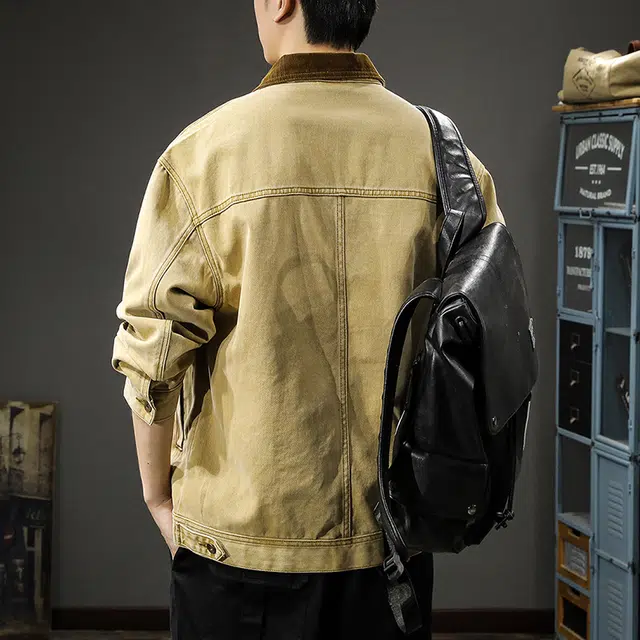 前进牛 美式复古重磅底特律纯棉废土风水洗工装夹克男潮流硬汉高级感灯芯绒领子潮牌休闲男牛仔外套 男款