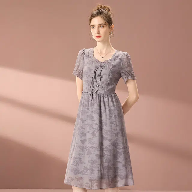 粉红玛琍 春,夏,秋 盘扣短袖连衣裙 收腰 女款 灰色