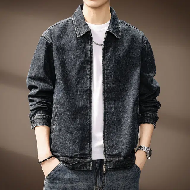 贵色 美式复古保暖提花肌理潮牌翻领休闲牛仔外套 男女同款