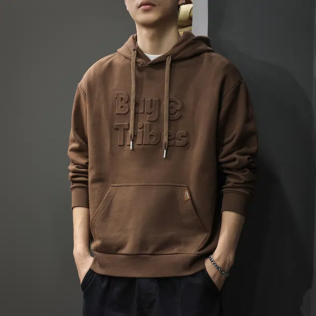 前进牛 秋季美式复古经典潮流休闲字母钢印极简风连帽重磅宽松套头外套户外百搭长袖上衣卫衣 男款