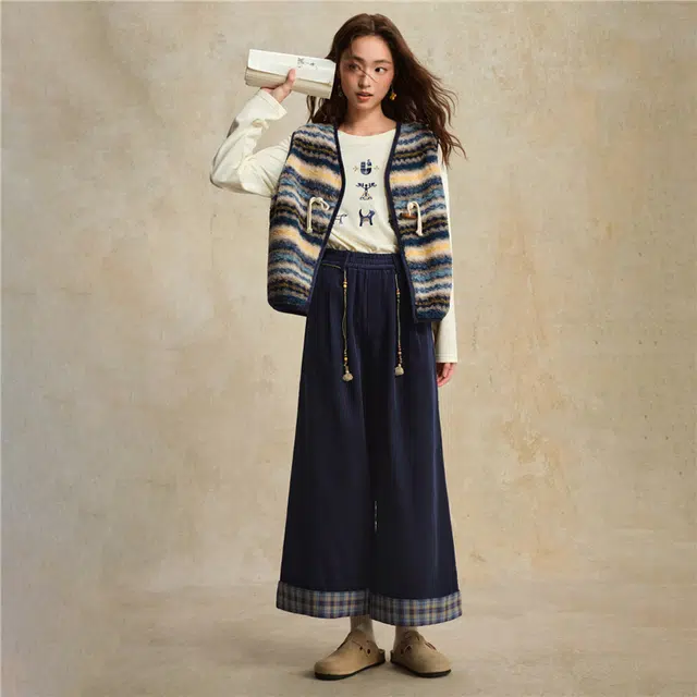 佐丹奴 纯棉灯芯绒拼接格纹松紧腰阔腿九分裤休闲裤 女款