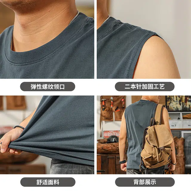 季言 季言外穿潮流纯棉复古做旧美式坎肩运动健身无袖背心 男款