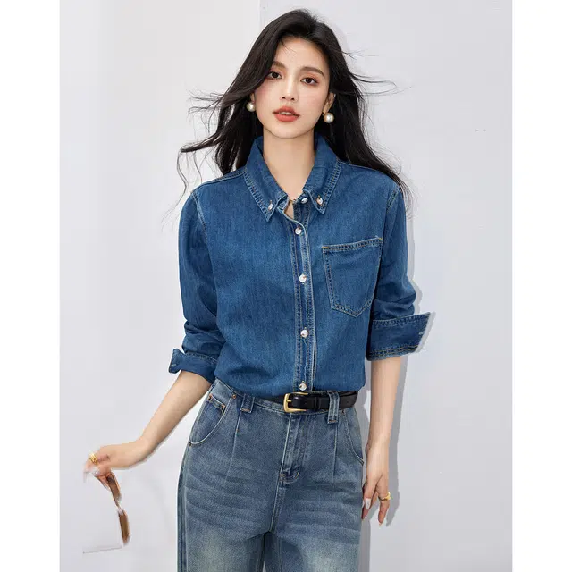 爱依莲 春秋季 时尚百搭高级经典复古长袖衬衫 女款 蓝色