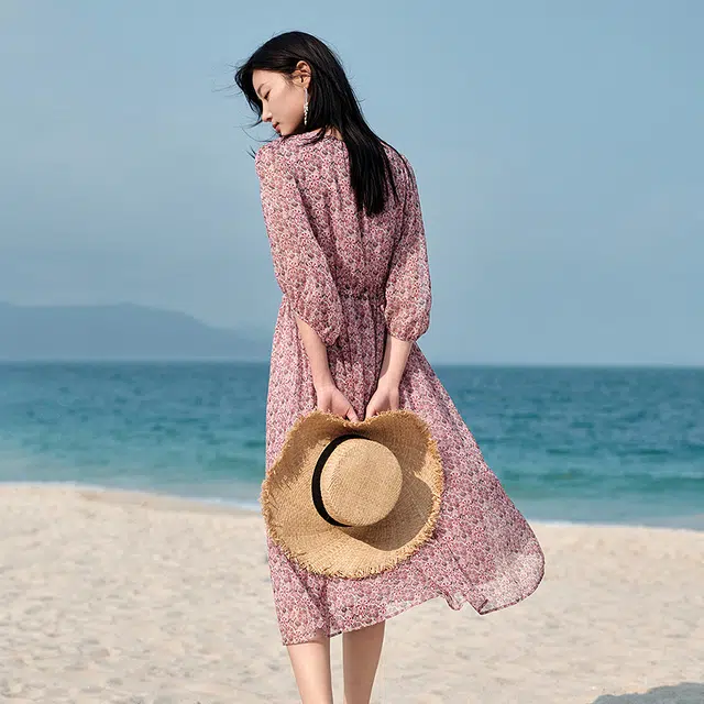 玖姿安娜蔻 舒适合身气质长袖连衣裙 女款 花锈红