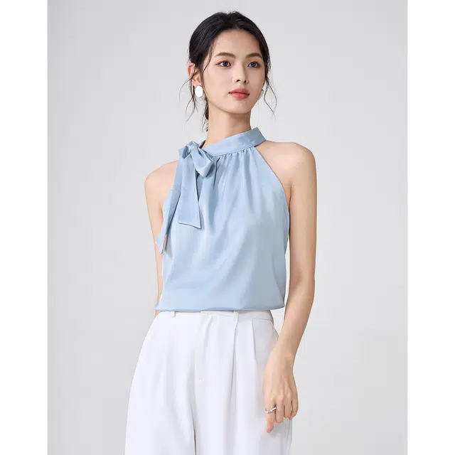 爱依莲 时尚小众蝴蝶结挖肩背心女气质显瘦花衬衣无袖衬衫 修身 女款 冰川蓝