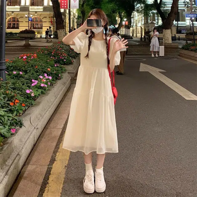纤丝鸟 韩版时尚气质温柔风收腰短袖连衣裙 女款